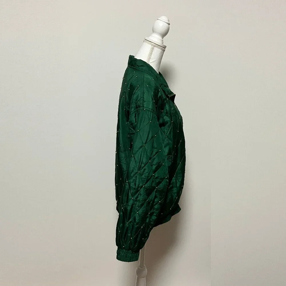 Vintage Selene Paris Green Studded Silk Bomber Jacket, Size Large, Shoulder Pads - Picture 2 of 9